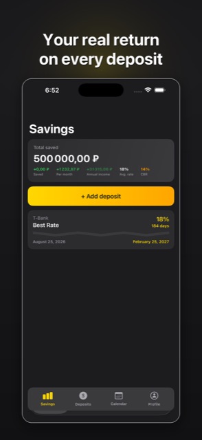 Savings tab showing total saved and real return per deposit